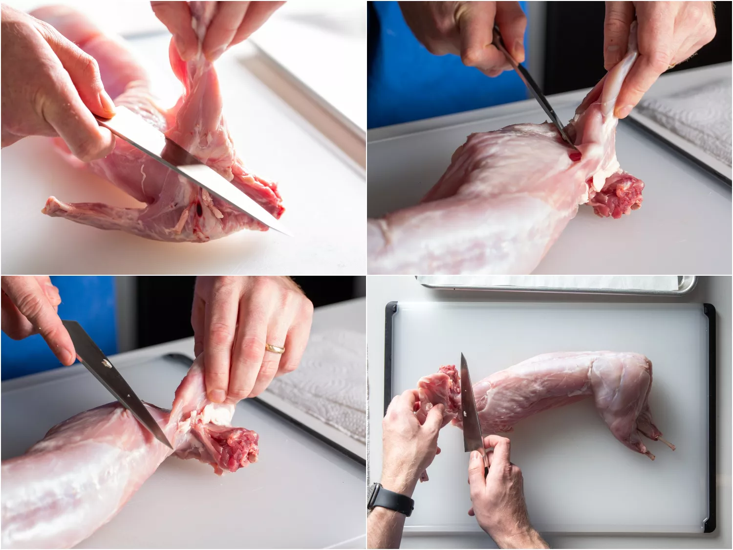 Removing front legs of rabbit with knife.