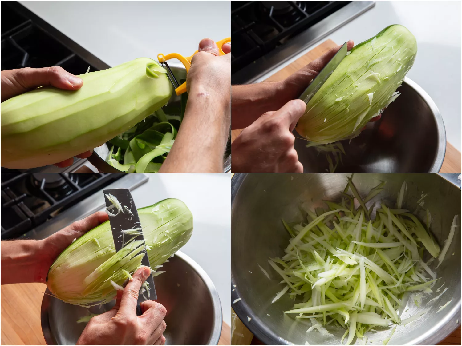 Collage of cutting green papaya with a knife.