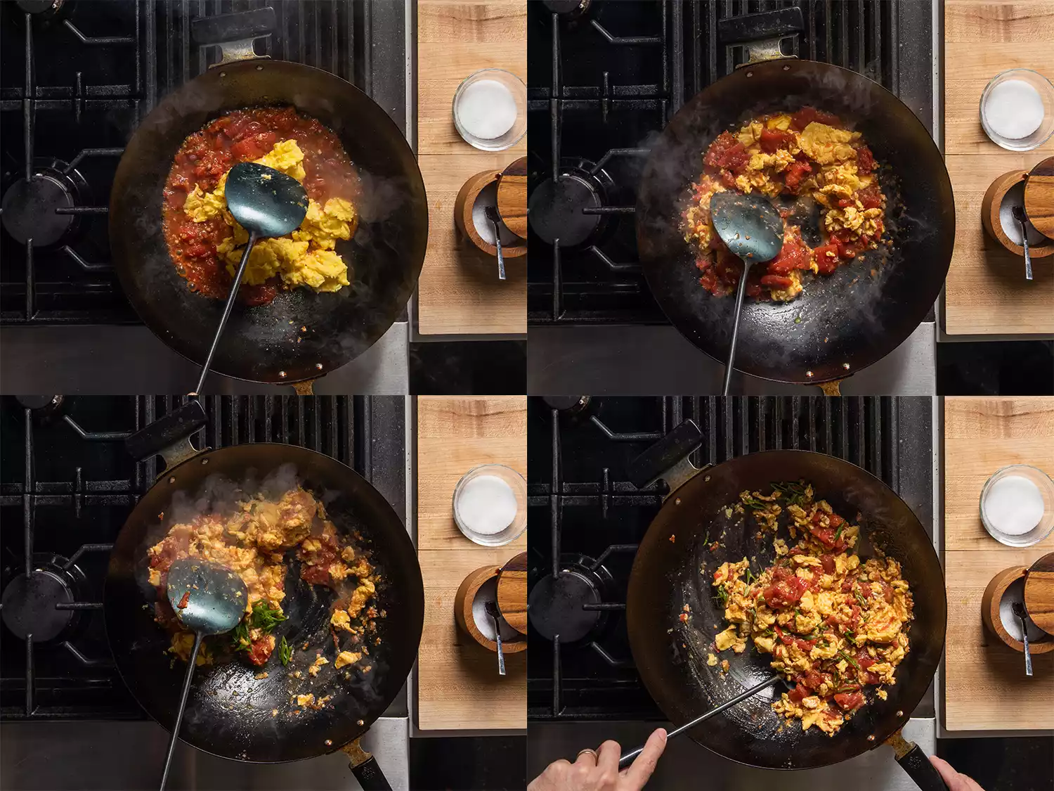 4 image collage of step-by-step photos of stirring scrambled eggs into tomatoes in a wok.