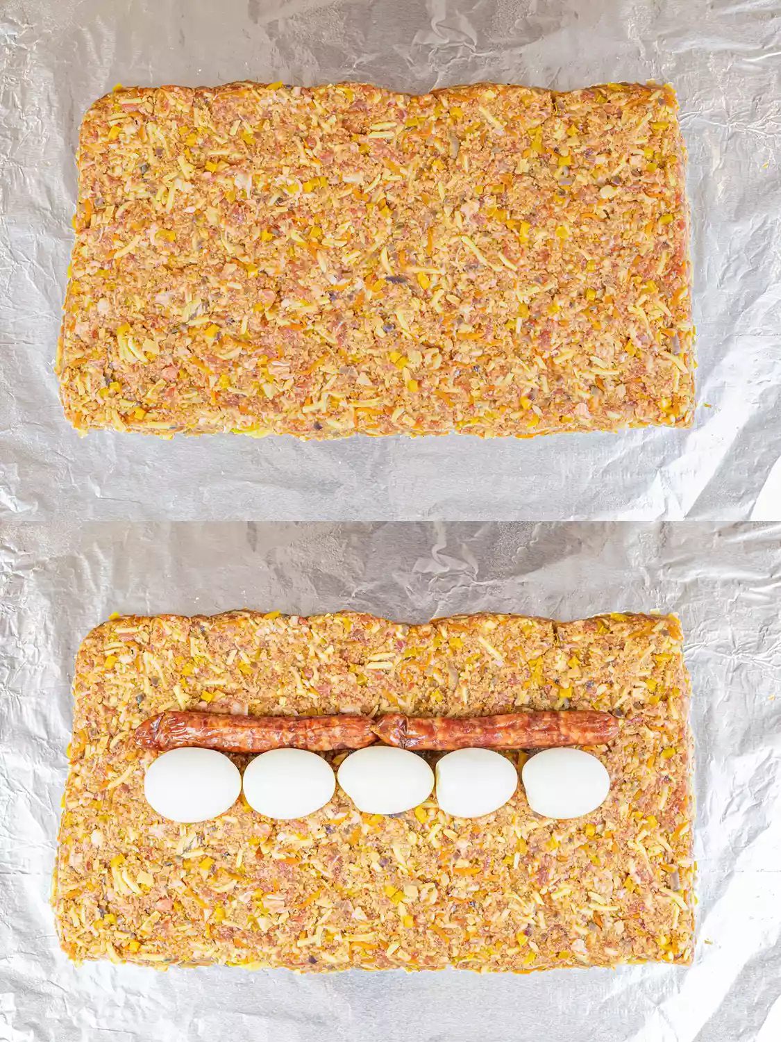 Vertical collage. Top photo: meat mixture spread into a flat rectangle on aluminum foil. Bottom image: 5 hard boiled eggs and two sausage links placed in two lines in the middle of the meat mixture. 