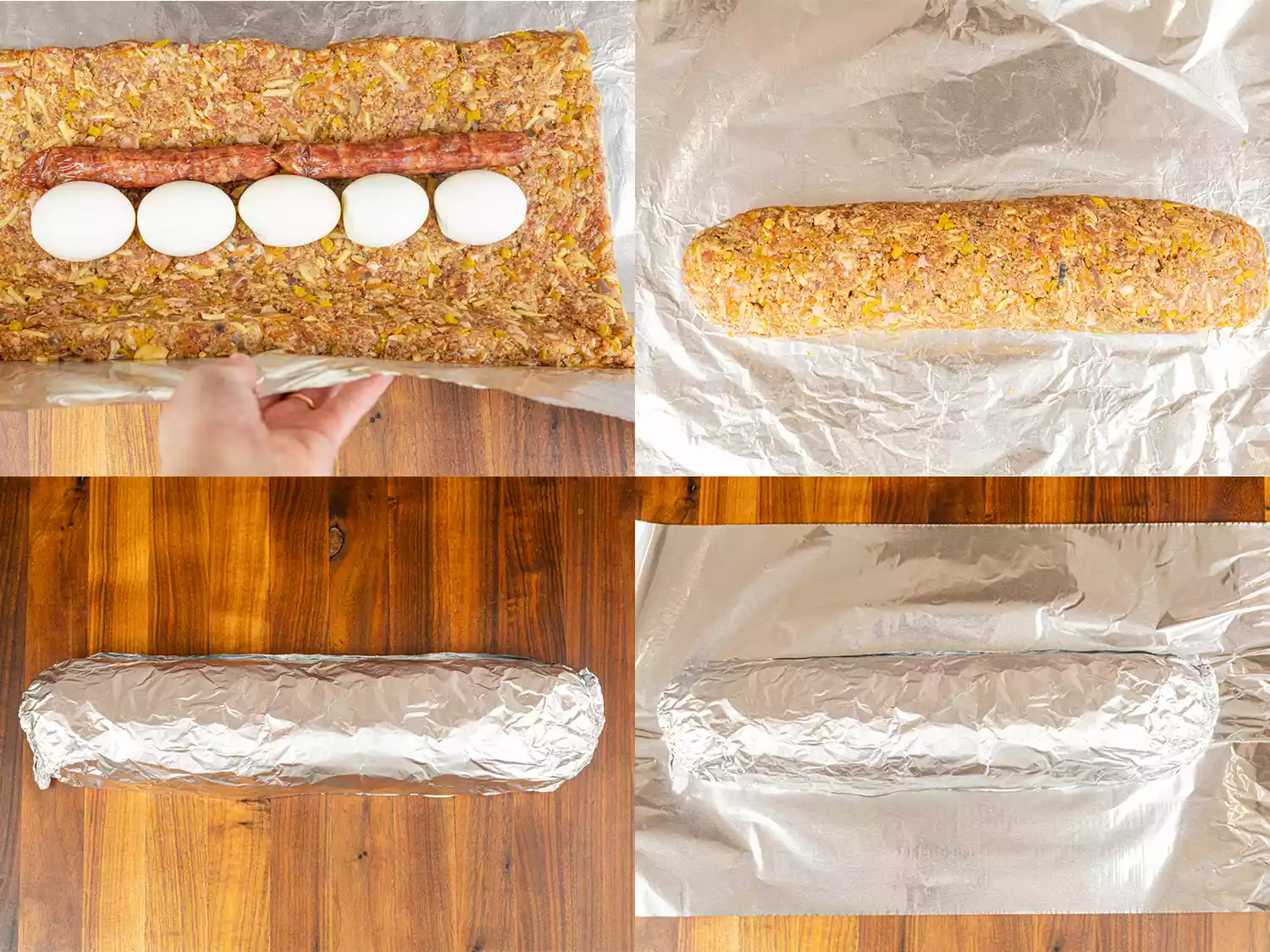 4 image collage. Clockwise from top left: a hand lifting the aluminum foil to roll the meat mixture into a roll, the rolled meat mixture in the middle of the aluminum sheet, the roll completely covered in aluminum, and the aluminum covered roll on top of another sheet of aluminum 