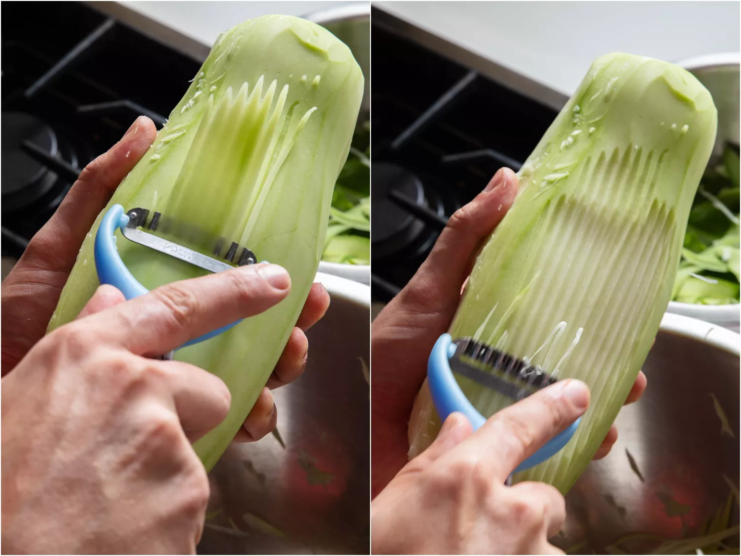 Shredding green papaya with a Kiwi peeler.