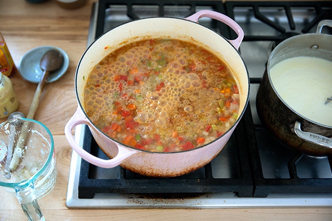 A large pot of soup with beer added to the broth.