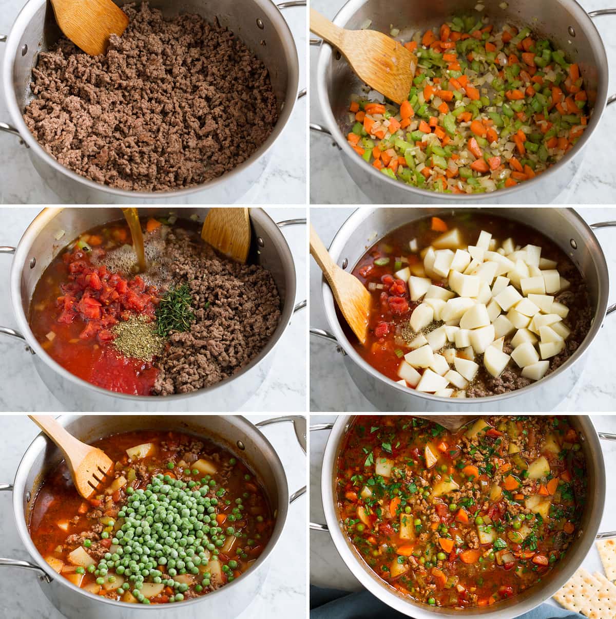 Steps showing how to make hamburger soup.