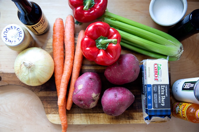 Ingredients to make the cheddar cheese soup.