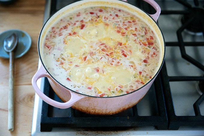 Vermont cheddar cheese soup simmering.