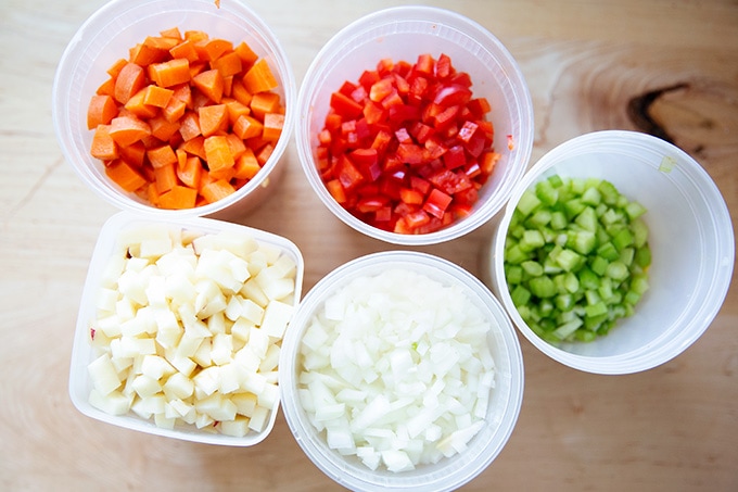 All of the chopped vegetables for Vermont Cheddar cheese soup.